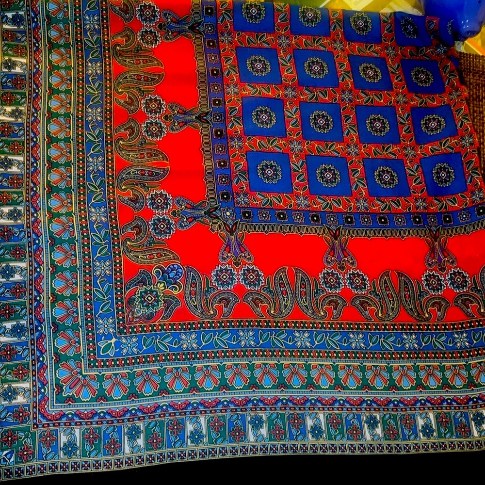 Jim Renoir Designer Signed Scarf Shawl large square fringe black border red blue
